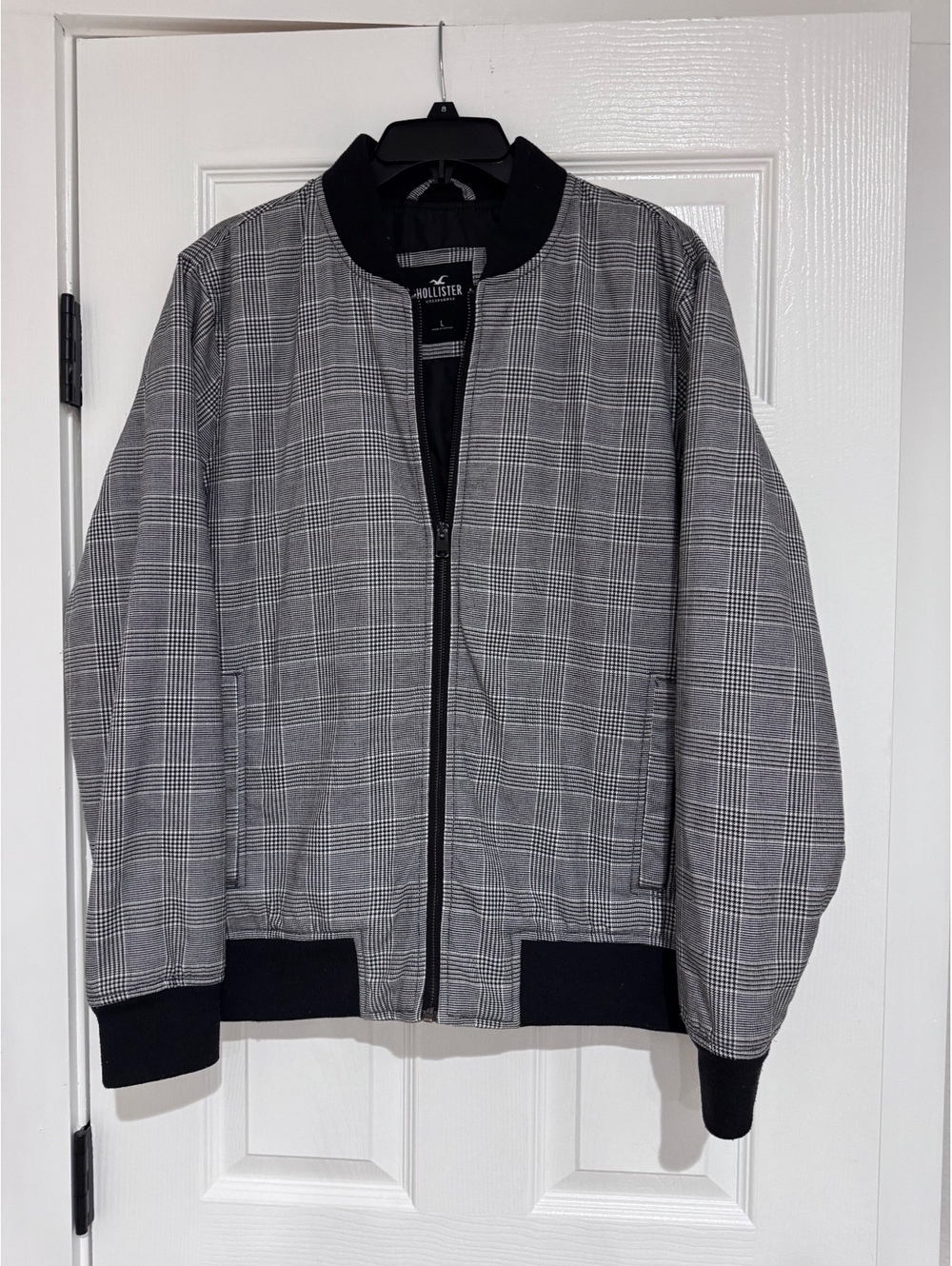 Hollister Mens Gray Plaid Bomber Jacket Black Ribbed Trim Casual Coat Large